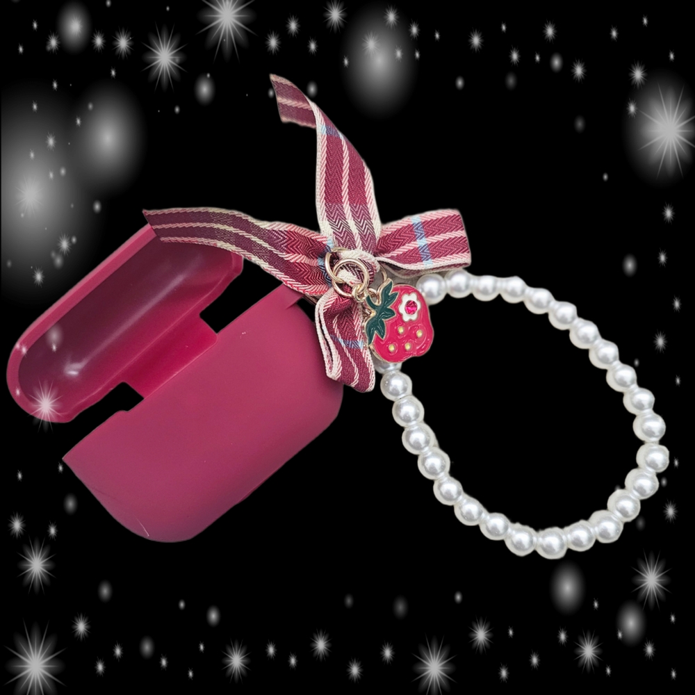 Air Pods Case with Pearl Key Chain and Strawberry Charm